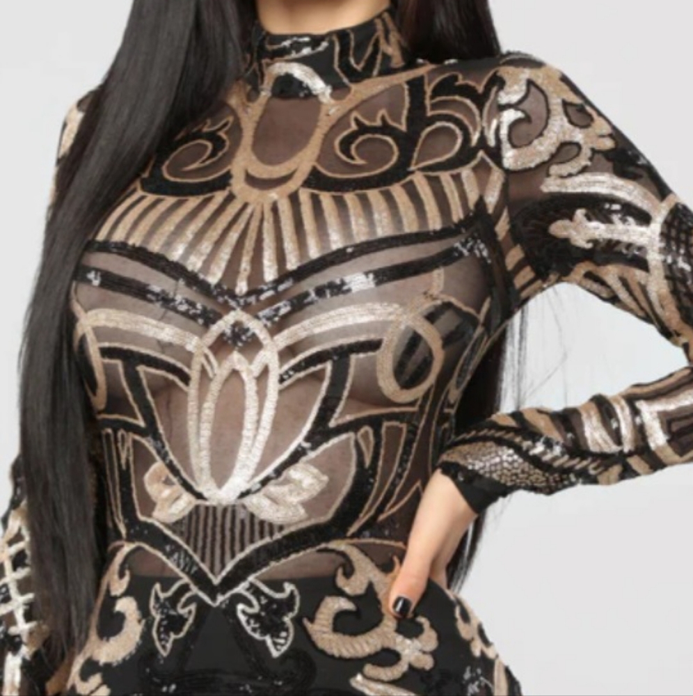 Fashion Nova Black and Gold Sequin Dress